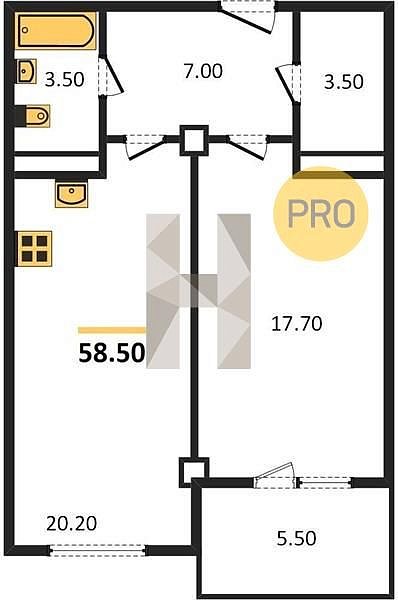 1 квартира ЖК The Grand Palace Краснодар площадь 57.2 м2 кухня 20.2 м2 на 12 этаже номер1217