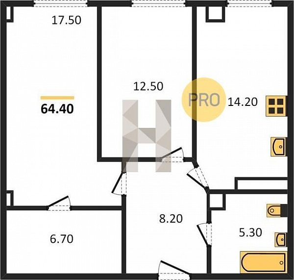 2 квартира ЖК The Grand Palace Краснодар площадь 64.4 м2 кухня 14.2 м2 на 11 этаже номер1136