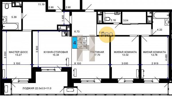 3 квартира ЖК Сегодня Краснодар площадь 127.5 м2 кухня 33.04 м2 на 16 этаже номер408