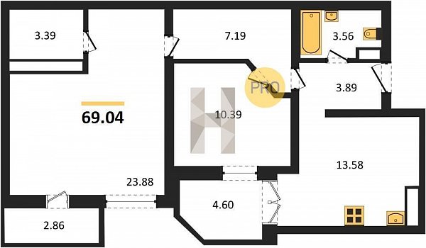 2 квартира ЖК Гулливер Краснодар площадь 69.04 м2 кухня 13.58 м2 на 23 этаже номер180
