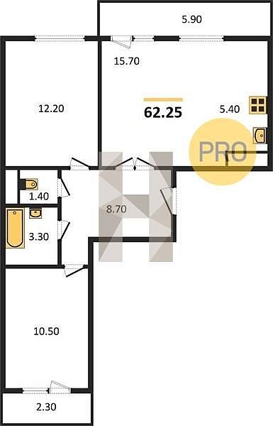 2 квартира ЖК Ракурс Краснодар площадь 62.25 м2 кухня 21.1 м2 на 11 этаже номер200