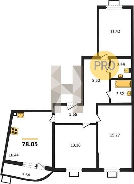 3 квартира ЖК Фонтаны Краснодар площадь 78.05 м2 кухня 16.44 м2 на 2 этаже номер3