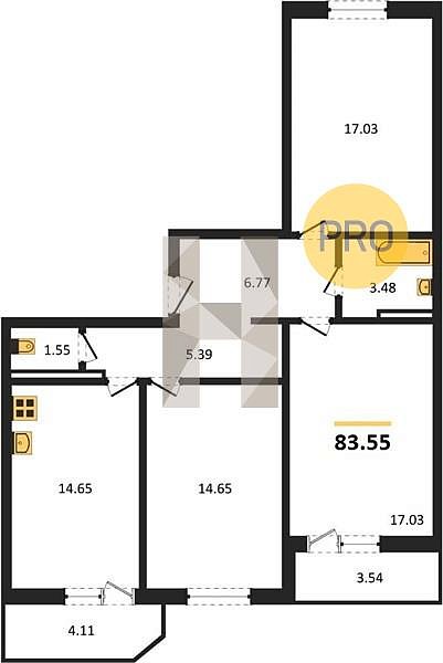 3 квартира ЖК Молодежный-2 Березовый площадь 83.55 м2 кухня 14.65 м2 на 8 этаже номер129