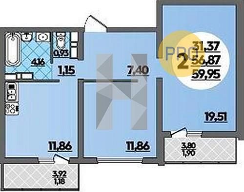 2 квартира ЖК Предгорье Лаго-Наки Майкоп площадь 59.95 м2 кухня 11.86 м2 на 9 этаже номер168