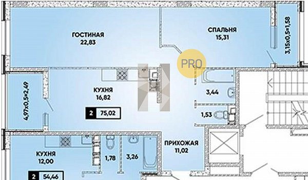 2 квартира ЖК Архитектор Краснодар площадь 75.02 м2 кухня 16.82 м2 на 6 этаже номер99