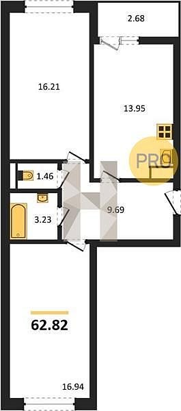 2 квартира ЖК Архитектор Краснодар площадь 62.82 м2 кухня 13.95 м2 на 3 этаже номер75
