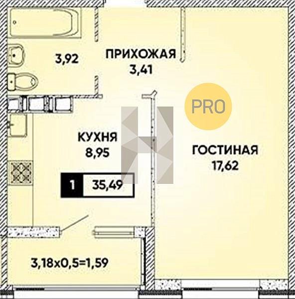 1 квартира ЖК Архитектор Краснодар площадь 35.49 м2 кухня 8.95 м2 на 4 этаже номер117