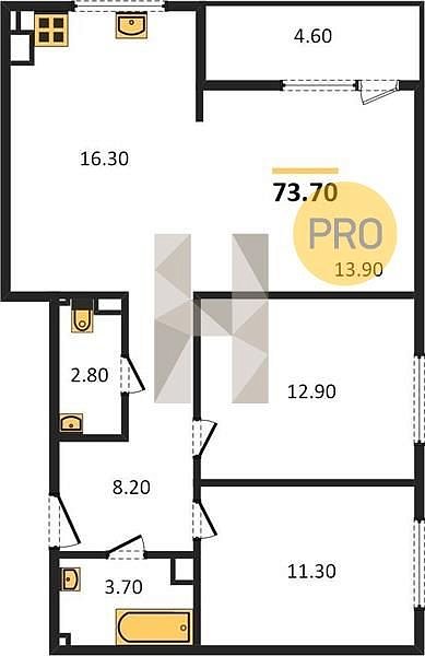 3 квартира ЖК Самолет-3 Колосистый площадь 73.5 м2 кухня 16.3 м2 на 4 этаже номер29