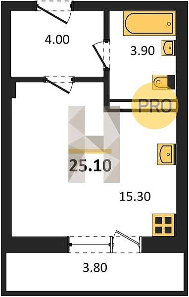 Студия квартира ЖК Екатерининский Парк Краснодар площадь 25.1 м2 кухня 15.3 м2 на 6 этаже номер205