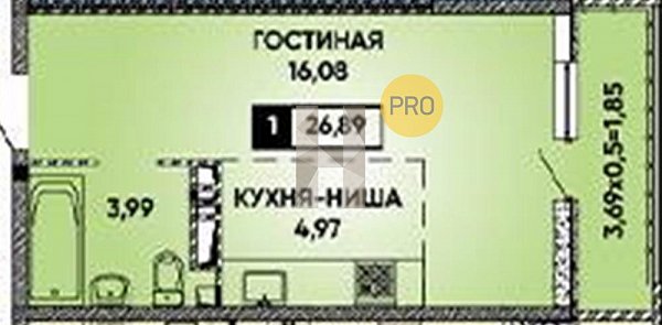 Студия квартира ЖК Достояние Краснодар площадь 27.04 м2 кухня 4.97 м2 на 2 этаже номер490