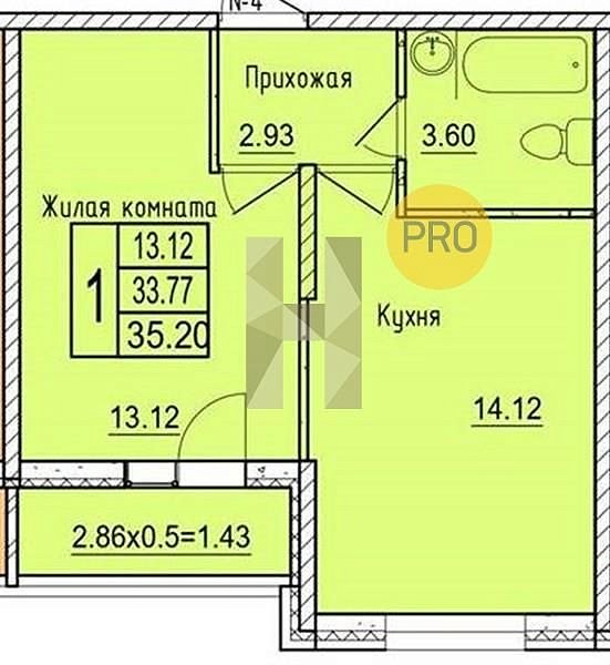 1 квартира ЖК Друг-2 Краснодар площадь 35.2 м2 кухня 14.12 м2 на 8 этаже номер364