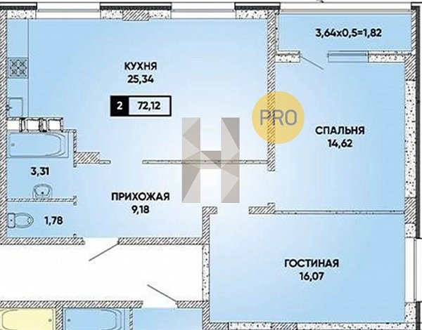 2 квартира ЖК Архитектор Краснодар площадь 72.65 м2 кухня 25.34 м2 на 2 этаже номер1