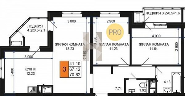 3 квартира ЖК Сегодня Краснодар площадь 70.82 м2 кухня 12.23 м2 на 5 этаже номер39
