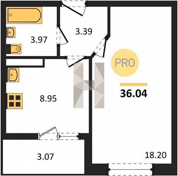 1 квартира ЖК Архитектор Краснодар площадь 36.04 м2 кухня 8.95 м2 на 4 этаже номер136