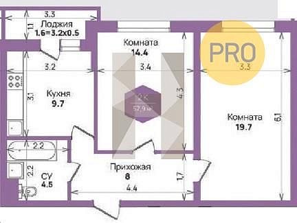 2 квартира ЖК Жилой квартал Бауинвест Краснодар площадь 57.9 м2 кухня 9.7 м2 на 1 этаже номер124