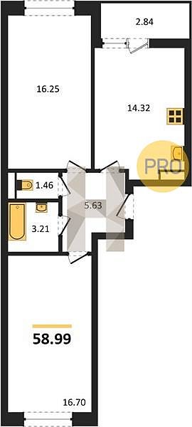 2 квартира ЖК Архитектор Краснодар площадь 58.99 м2 кухня 14.32 м2 на 5 этаже номер31