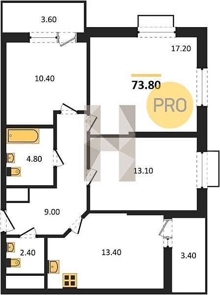 3 квартира ЖК Мегасити Яблоновский площадь 73.8 м2 кухня 13.4 м2 на 11 этаже номер230
