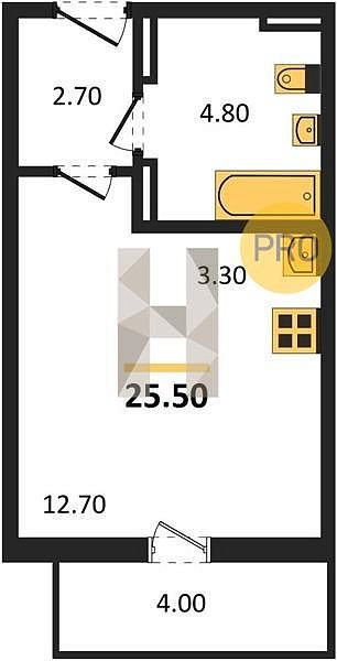 Студия квартира ЖК Парк у дома Краснодар площадь 25.5 м2 кухня 3.3 м2 на 11 этаже номер190