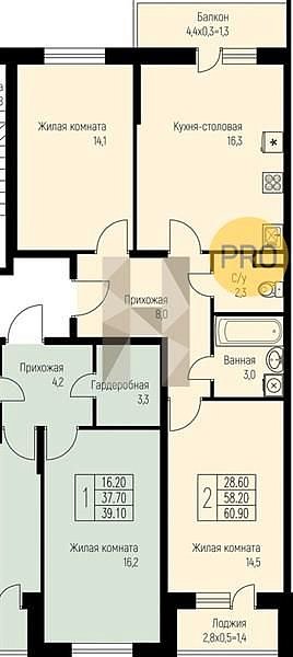 2 квартира ЖК Nova Vita Березовый площадь 60.6 м2 кухня 16.3 м2 на 3 этаже номер35