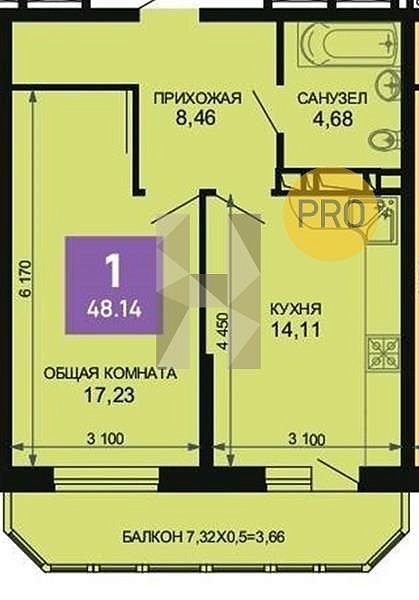 1 квартира ЖК Лучший Краснодар площадь 48.14 м2 кухня 14.11 м2 на 5 этаже номер233