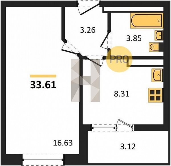 1 квартира ЖК Архитектор Краснодар площадь 33.61 м2 кухня 8.31 м2 на 3 этаже номер74