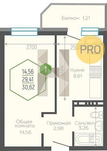 1 квартира ЖК Гарантия на Черкасской Краснодар площадь 29.93 м2 кухня 8.61 м2 на 5 этаже номер175