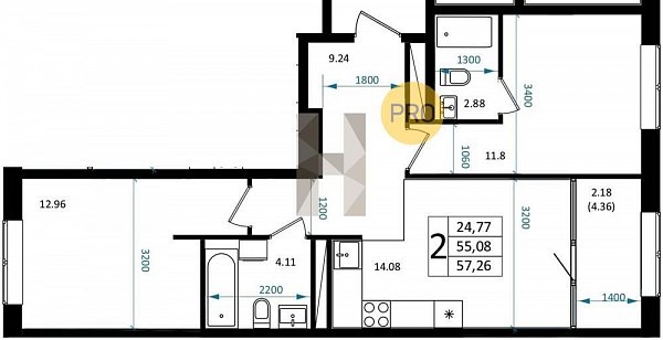2 квартира ЖК Патрики Краснодар площадь 57.26 м2 кухня 14.08 м2 на 2 этаже номер288
