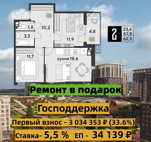 2 квартира ЖК Самолет-4 Краснодар площадь 62 м2 кухня 18.5 м2 на 16 этаже номер358