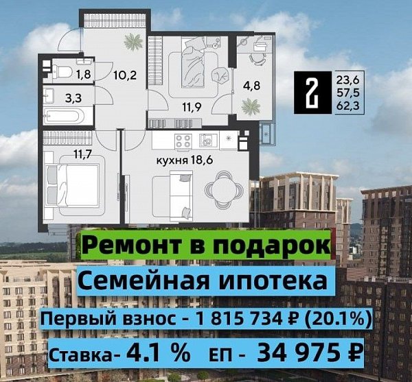 2 квартира ЖК Самолет-4 Краснодар площадь 62 м2 кухня 18.5 м2 на 16 этаже номер358