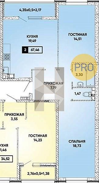 2 квартира ЖК Архитектор Краснодар площадь 68.13 м2 кухня 19.49 м2 на 2 этаже номер1