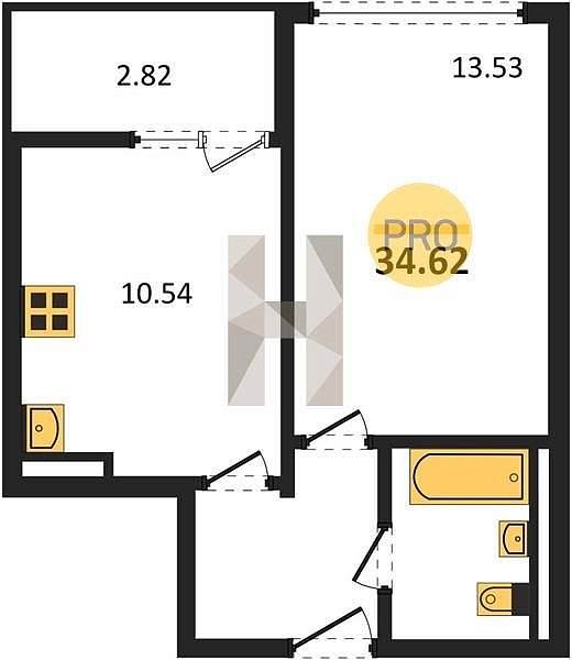 1 квартира ЖК Событие Краснодар площадь 34.62 м2 кухня 10.54 м2 на 4 этаже номер17