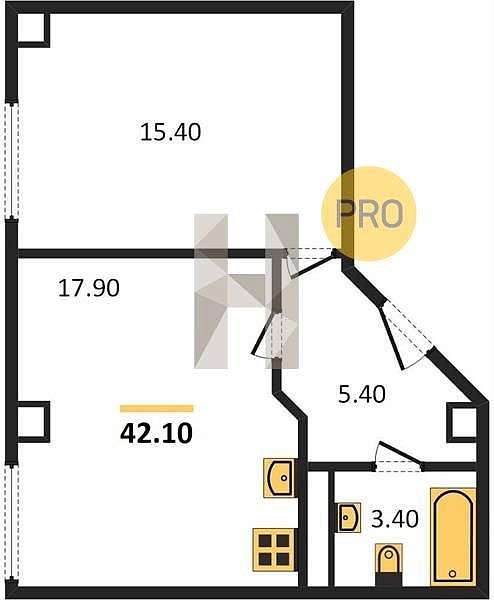 1 квартира ЖК The Grand Palace Краснодар площадь 41.9 м2 кухня 17.9 м2 на 10 этаже номер1007