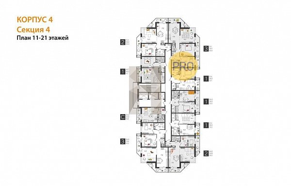 3 квартира ЖК Рекорд-2 Краснодар площадь 86.8 м2 кухня 17.4 м2 на 16 этаже номер134