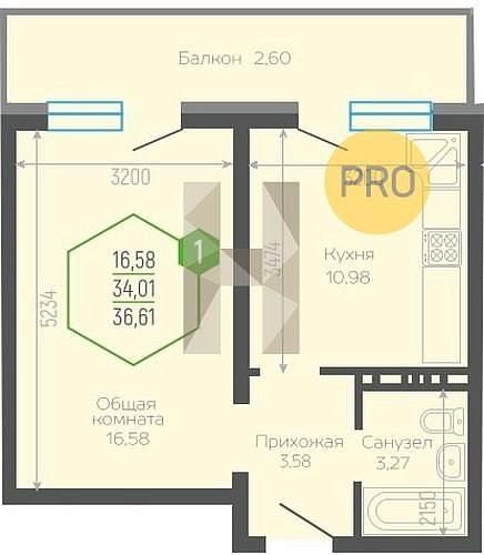 1 квартира ЖК Гарантия на Черкасской Краснодар площадь 35.22 м2 кухня 10.98 м2 на 14 этаже номер104