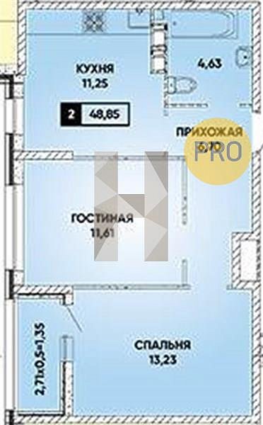 2 квартира ЖК Архитектор Краснодар площадь 48.85 м2 кухня 11.25 м2 на 3 этаже номер54