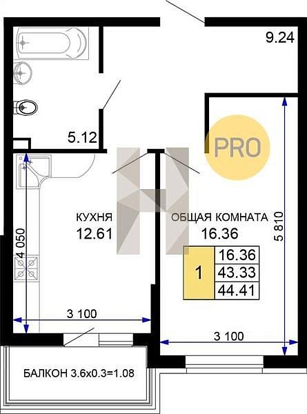 1 квартира ЖК Лучший Краснодар площадь 46.02 м2 кухня 12.61 м2 на 4 этаже номер139