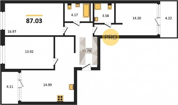 3 квартира ЖК Патрики Краснодар площадь 87.03 м2 кухня 14.99 м2 на 2 этаже номер63