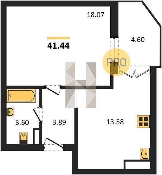 1 квартира ЖК Гулливер Краснодар площадь 41.44 м2 кухня 13.58 м2 на 17 этаже номер560