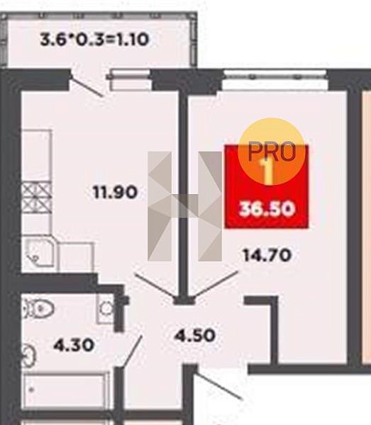 1 квартира ЖК Красная площадь Ромекс Краснодар площадь 36.5 м2 кухня 11.9 м2 на 1 этаже номер8