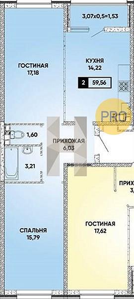 2 квартира ЖК Архитектор Краснодар площадь 60.07 м2 кухня 14.22 м2 на 2 этаже номер140