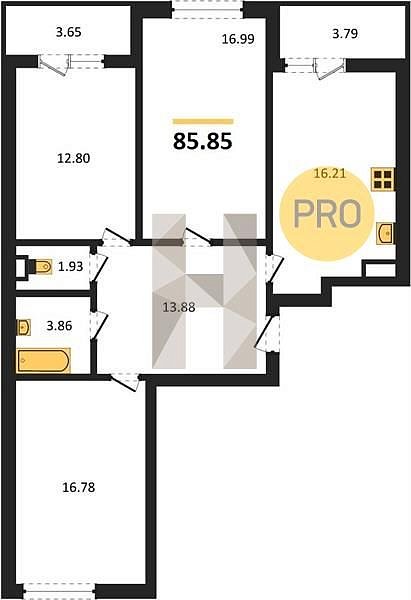 3 квартира ЖК Достояние Краснодар площадь 85.85 м2 кухня 16.21 м2 на 18 этаже номер203