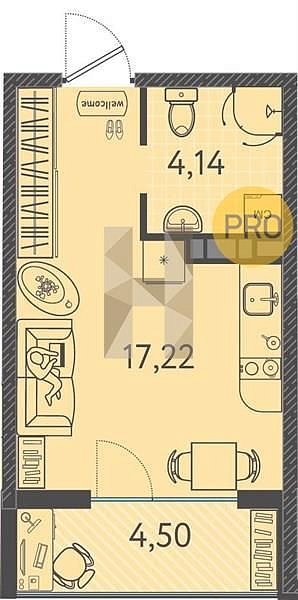 Студия квартира ЖК Друзья Краснодар площадь 23.61 м2 кухня 17.22 м2 на 3 этаже номер7