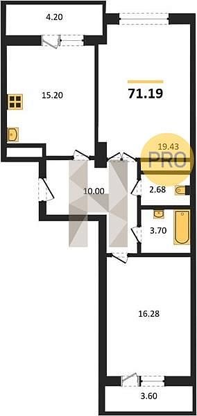 2 квартира ЖК AVrorA Краснодар площадь 71.19 м2 кухня 15.2 м2 на 3 этаже номер298