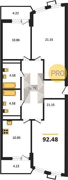 3 квартира ЖК Режиссёр Краснодар площадь 92.48 м2 кухня 10.85 м2 на 3 этаже номер135