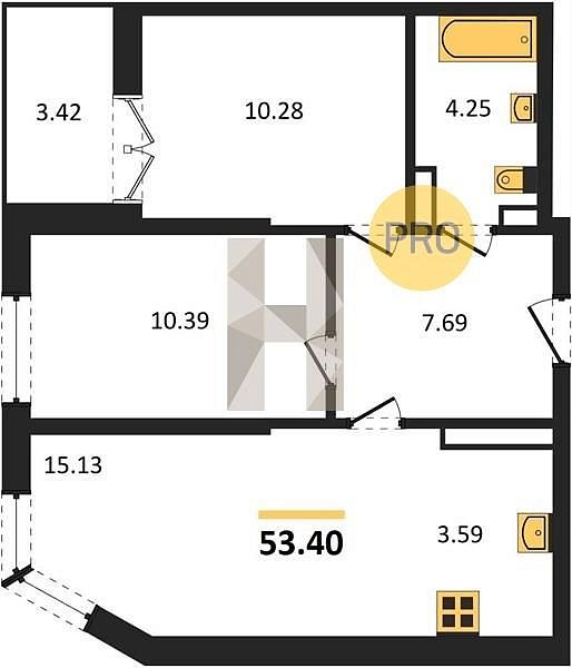 2 квартира ЖК Гулливер Краснодар площадь 53.4 м2 кухня 18.72 м2 на 3 этаже номер439