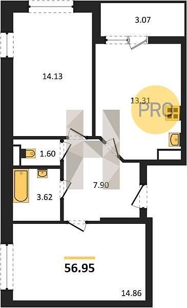 2 квартира ЖК Архитектор Краснодар площадь 56.95 м2 кухня 13.31 м2 на 8 этаже номер174