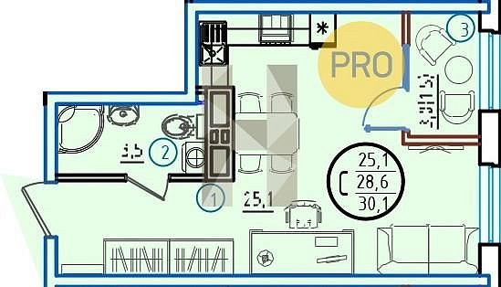 Студия квартира ЖК Первое Место Новознаменский площадь 30.1 м2 кухня 25.4 м2 на 6 этаже номер39