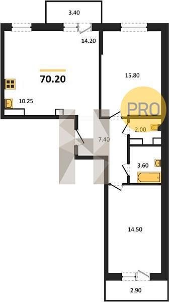 2 квартира ЖК Nova Vita Березовый площадь 70.2 м2 кухня 24.45 м2 на 3 этаже номер9