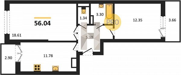 2 квартира ЖК Гулливер Краснодар площадь 56.04 м2 кухня 11.78 м2 на 4 этаже номер342