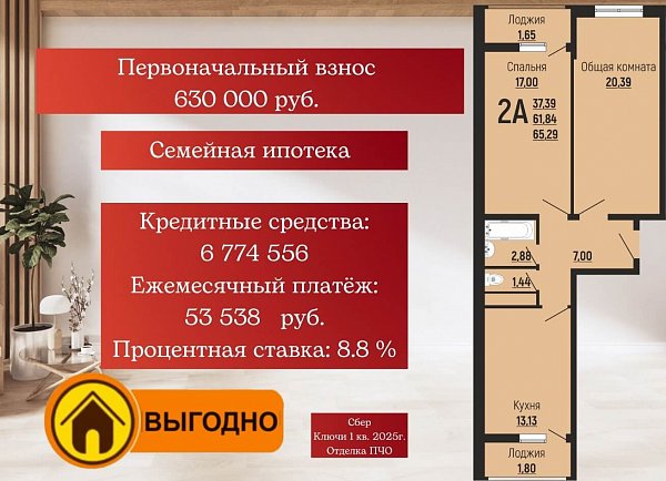 2 квартира ЖК Славянка Краснодар площадь 65.29 м2 кухня 13.13 м2 на 11 этаже номер652